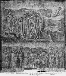 Moses auf dem Berg Nebo und der Transport der Bundeslade zum Jordan, aus dem Mittelschiff (Mosaik)